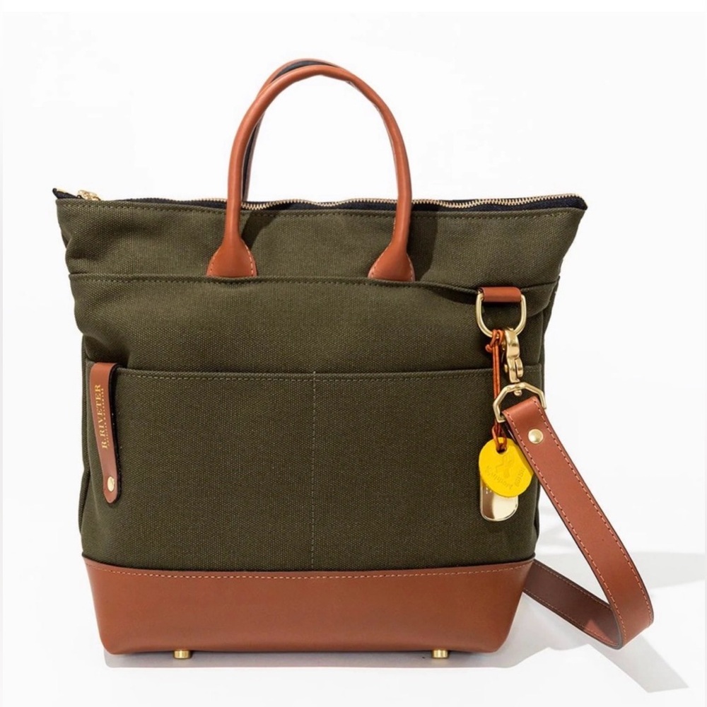 R. Riveter Otto Tote Fatigue Olive Green Washed Canvas & Brown Leather Bag